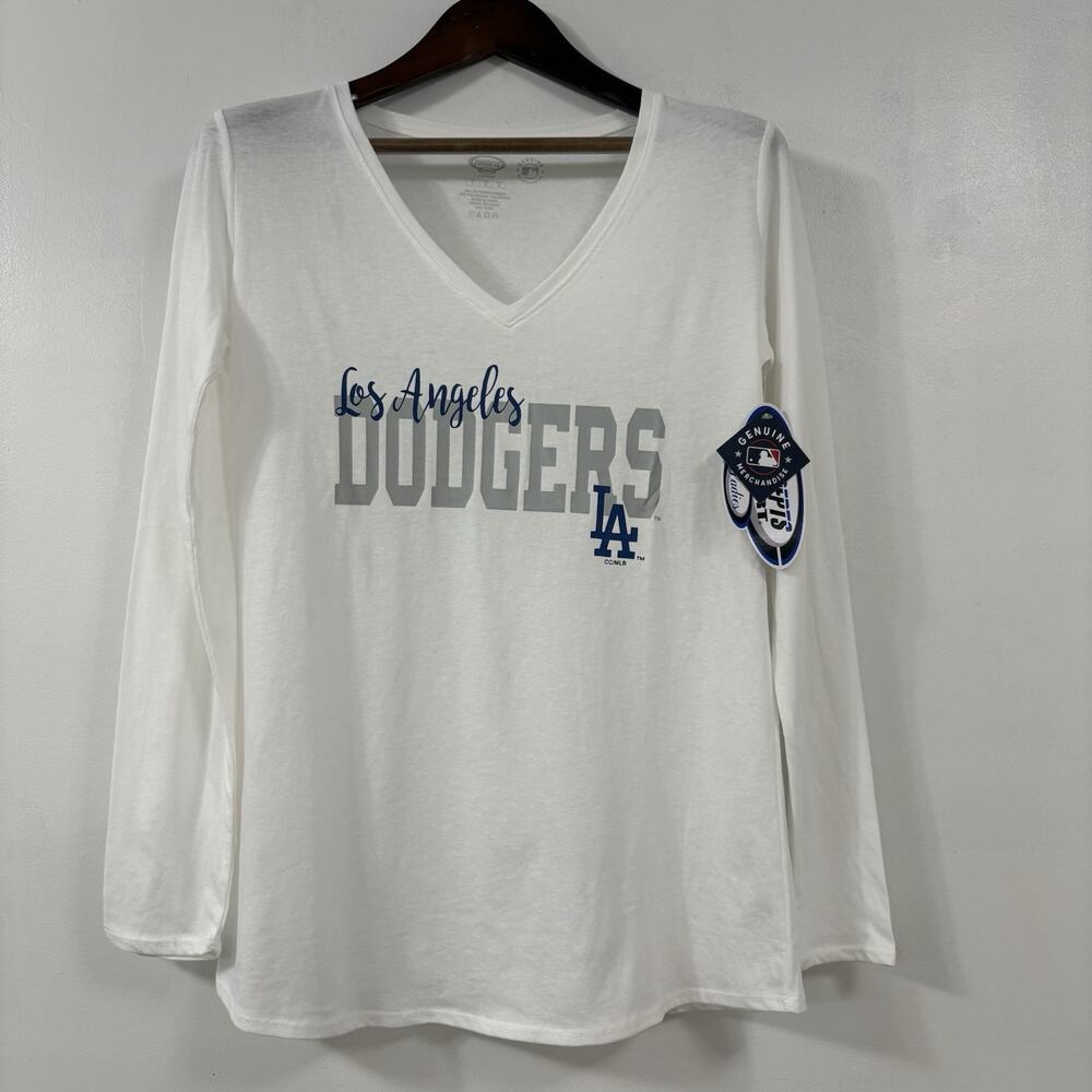 Los Angeles Dodgers Womens L White Long Sleeve V Neck Shirt MLB NWT